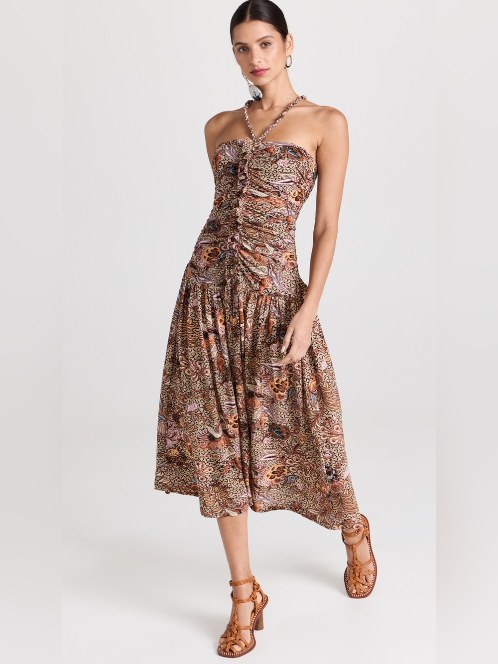 Ulla Johnson Marcella Ruched Floral-Print Cotton Halter Midi Dress size 4 Brown